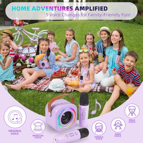 Mini Karaoke Machine for Kids with 2 Wireless Mics, Purple - Safe, Portable, Rechargeable | EGivwcvic