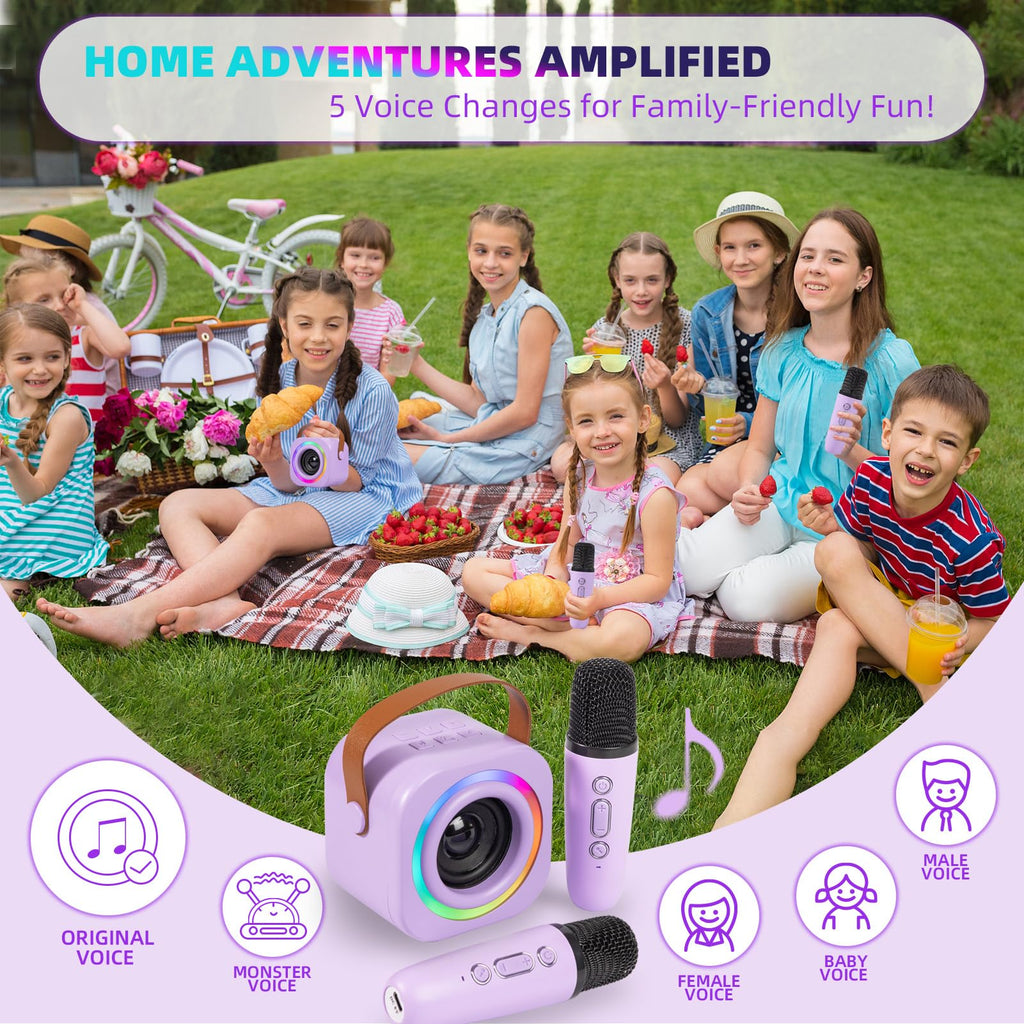 Mini Karaoke Machine for Kids with 2 Wireless Mics, Purple - Safe, Portable, Rechargeable | EGivwcvic