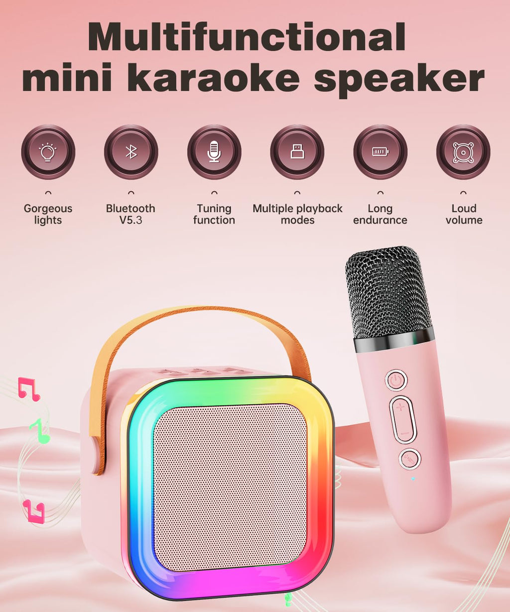 Mini Karaoke Machine Speaker for Kids & Adults – Portable Bluetooth 5.3 with One Wireless Microphone, Colorful Lights, Voice Effects, Pink (1 Mic)