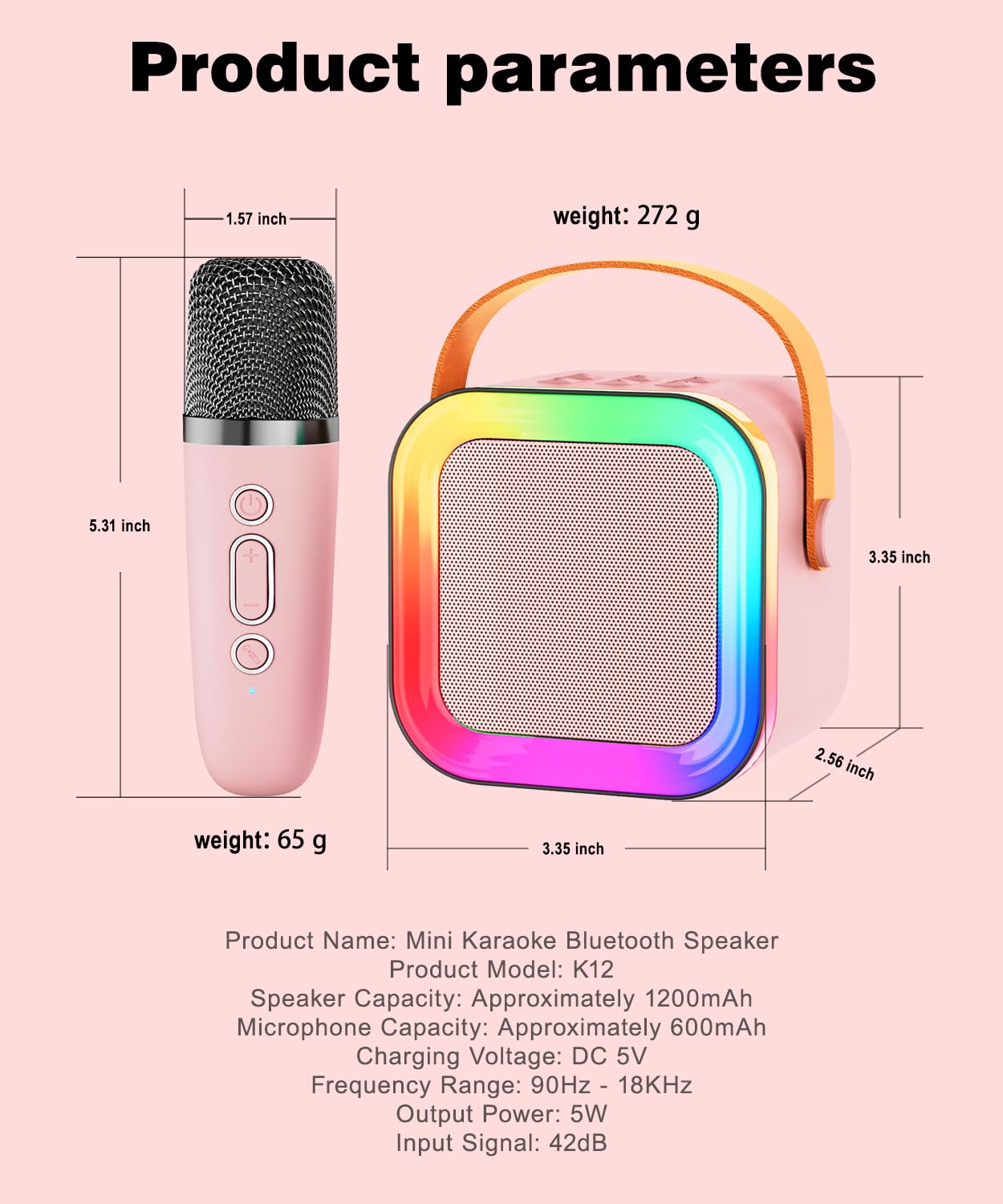 Mini Karaoke Machine Speaker for Kids & Adults – Portable Bluetooth 5.3 with One Wireless Microphone, Colorful Lights, Voice Effects, Pink (1 Mic)