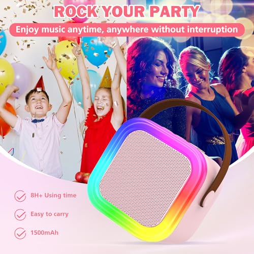 Mini Karaoke Machine with 2 Wireless Microphones, Portable Bluetooth Speaker for Kids Ages 4-12+, Pink LED Light Toy for Family Party, Gift for Girls