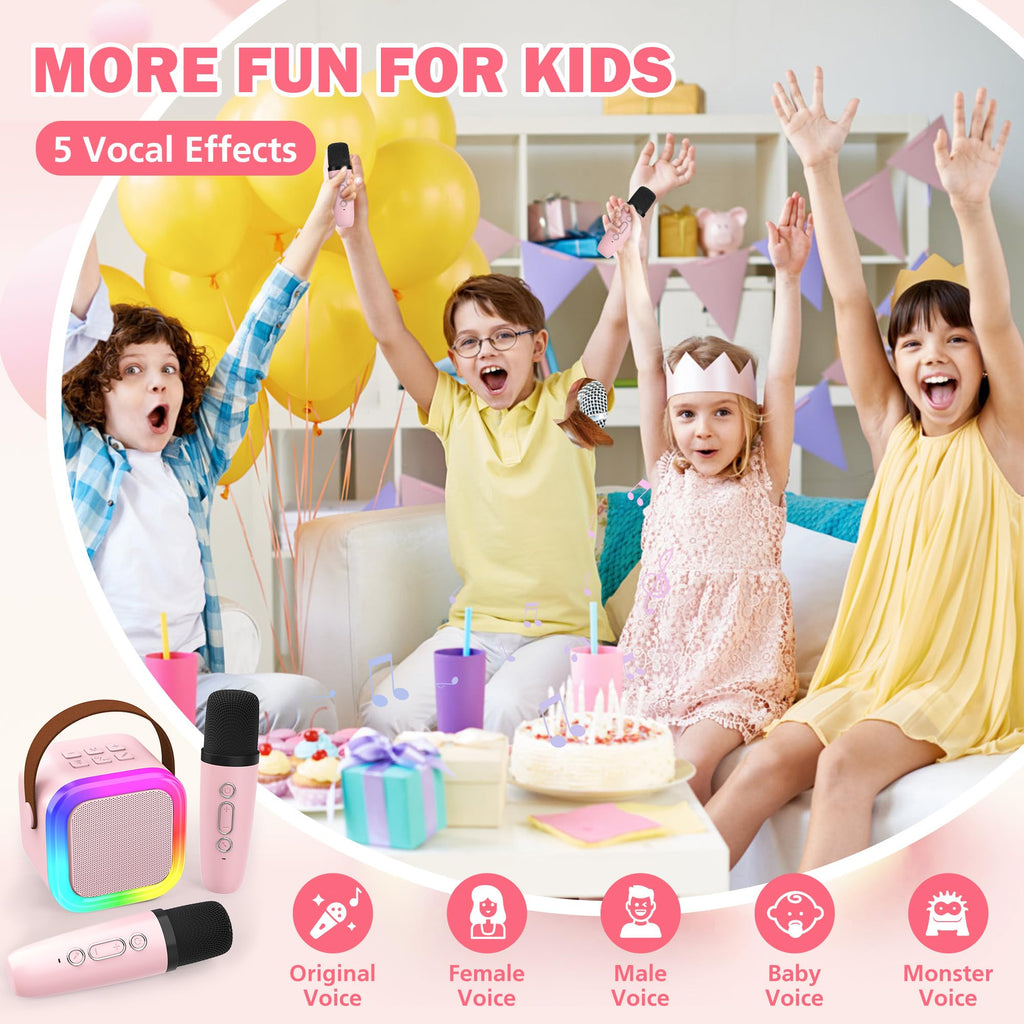 Mini Karaoke Machine with 2 Wireless Microphones, Portable Bluetooth Speaker for Kids Ages 4-12+, Pink LED Light Toy for Family Party, Gift for Girls
