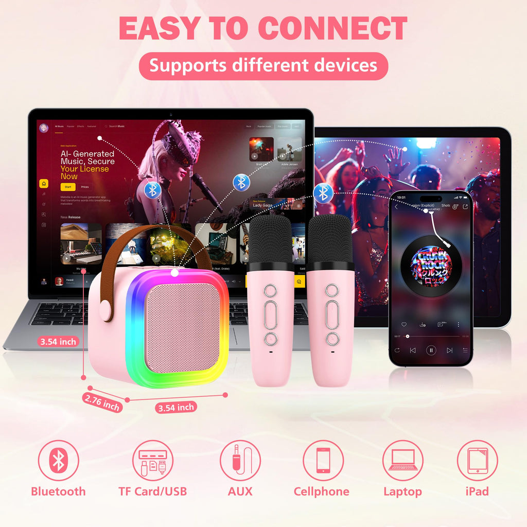 Mini Karaoke Machine with 2 Wireless Microphones, Portable Bluetooth Speaker for Kids Ages 4-12+, Pink LED Light Toy for Family Party, Gift for Girls