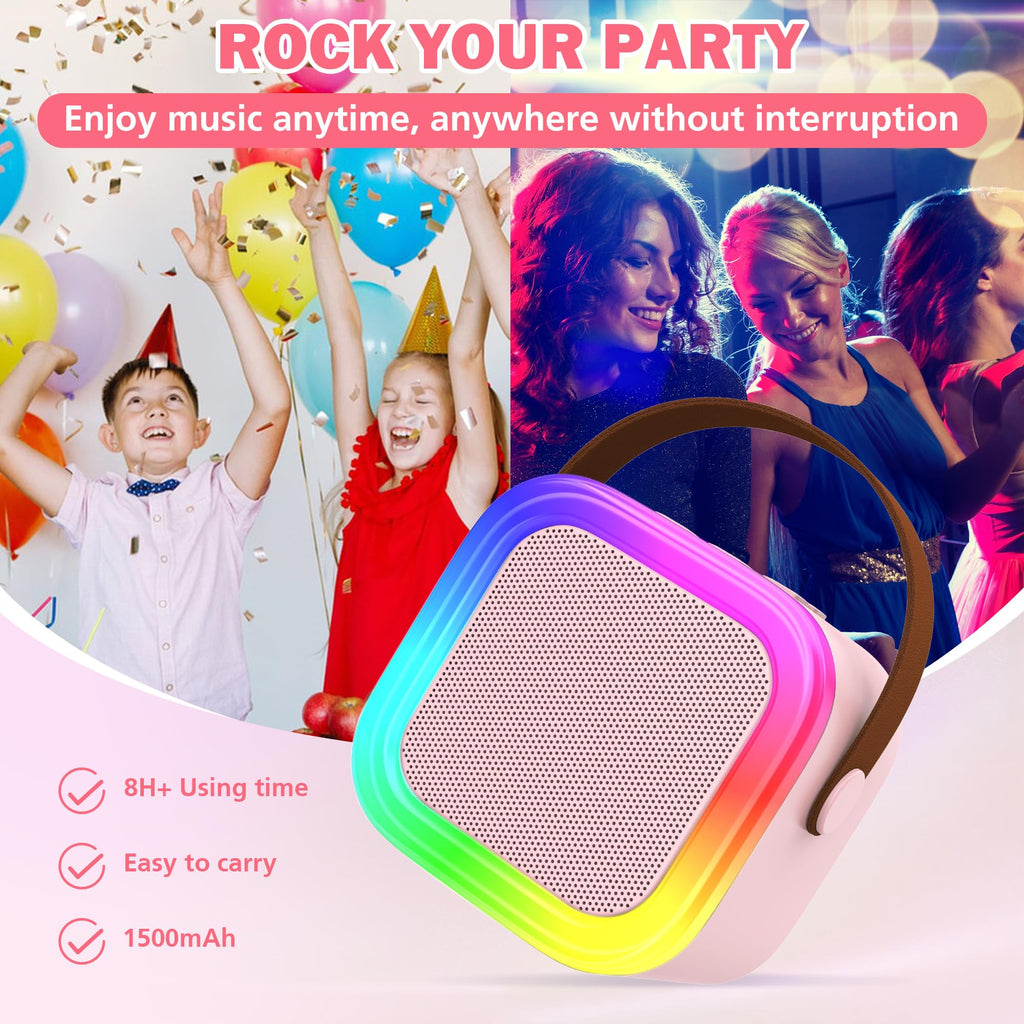 Mini Karaoke Machine with 2 Wireless Microphones, Portable Bluetooth Speaker for Kids Ages 4-12+, Pink LED Light Toy for Family Party, Gift for Girls