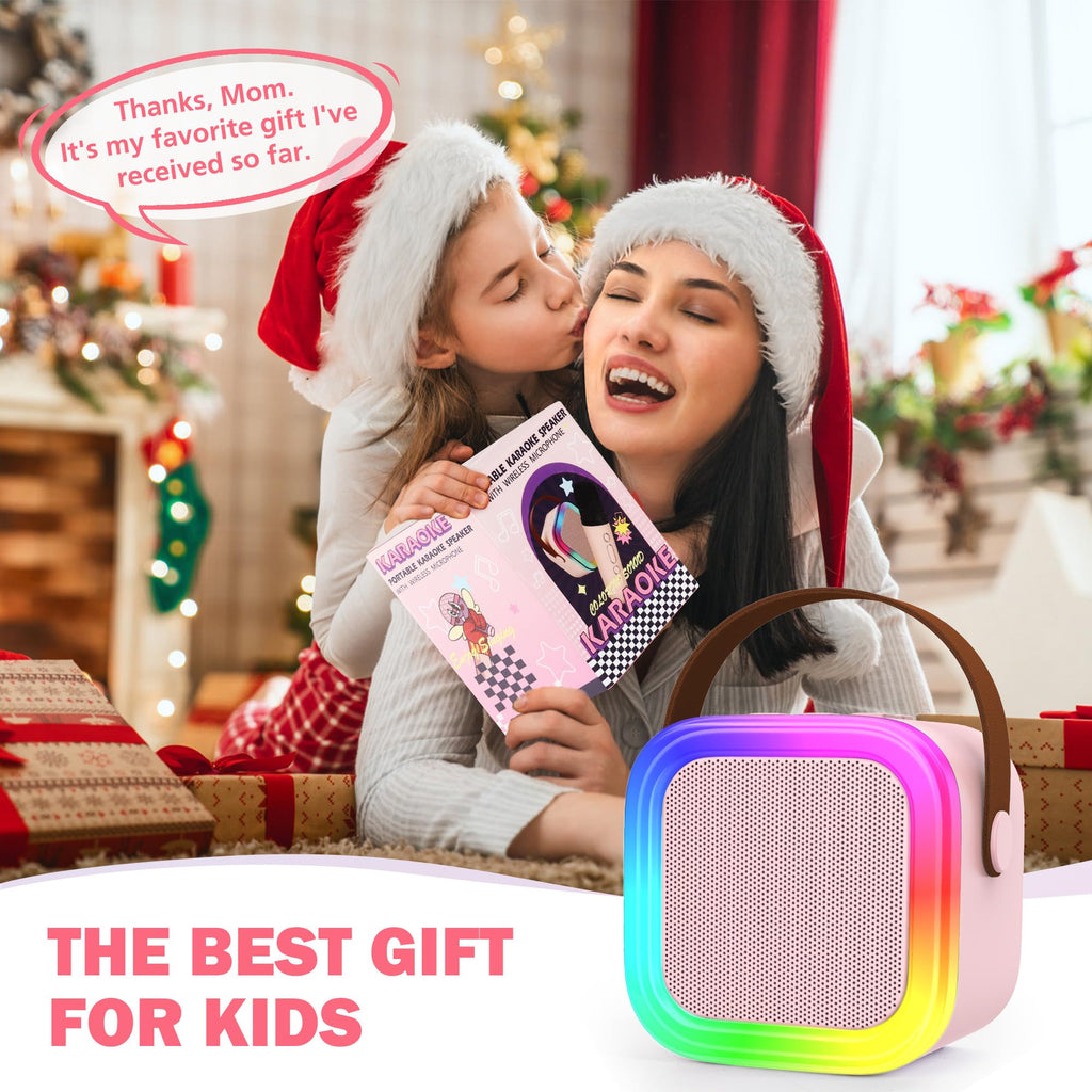 Mini Karaoke Machine with 2 Wireless Microphones, Portable Bluetooth Speaker for Kids Ages 4-12+, Pink LED Light Toy for Family Party, Gift for Girls