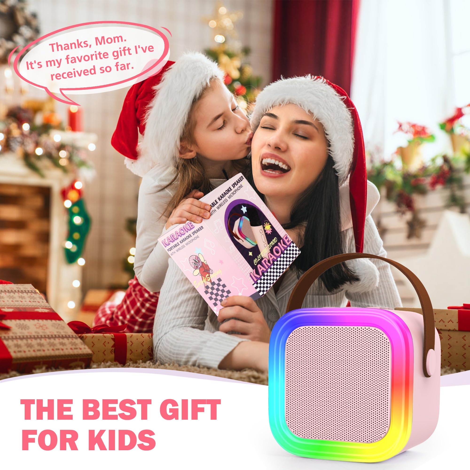 Mini Karaoke Machine with 2 Wireless Microphones, Portable Bluetooth Speaker for Kids Ages 4-12+, Pink LED Light Toy for Family Party, Gift for Girls