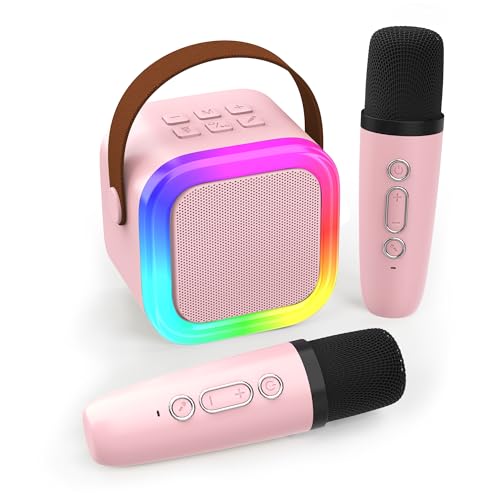Mini Karaoke Machine with 2 Wireless Microphones, Portable Bluetooth Speaker for Kids Ages 4-12+, Pink LED Light Toy for Family Party, Gift for Girls