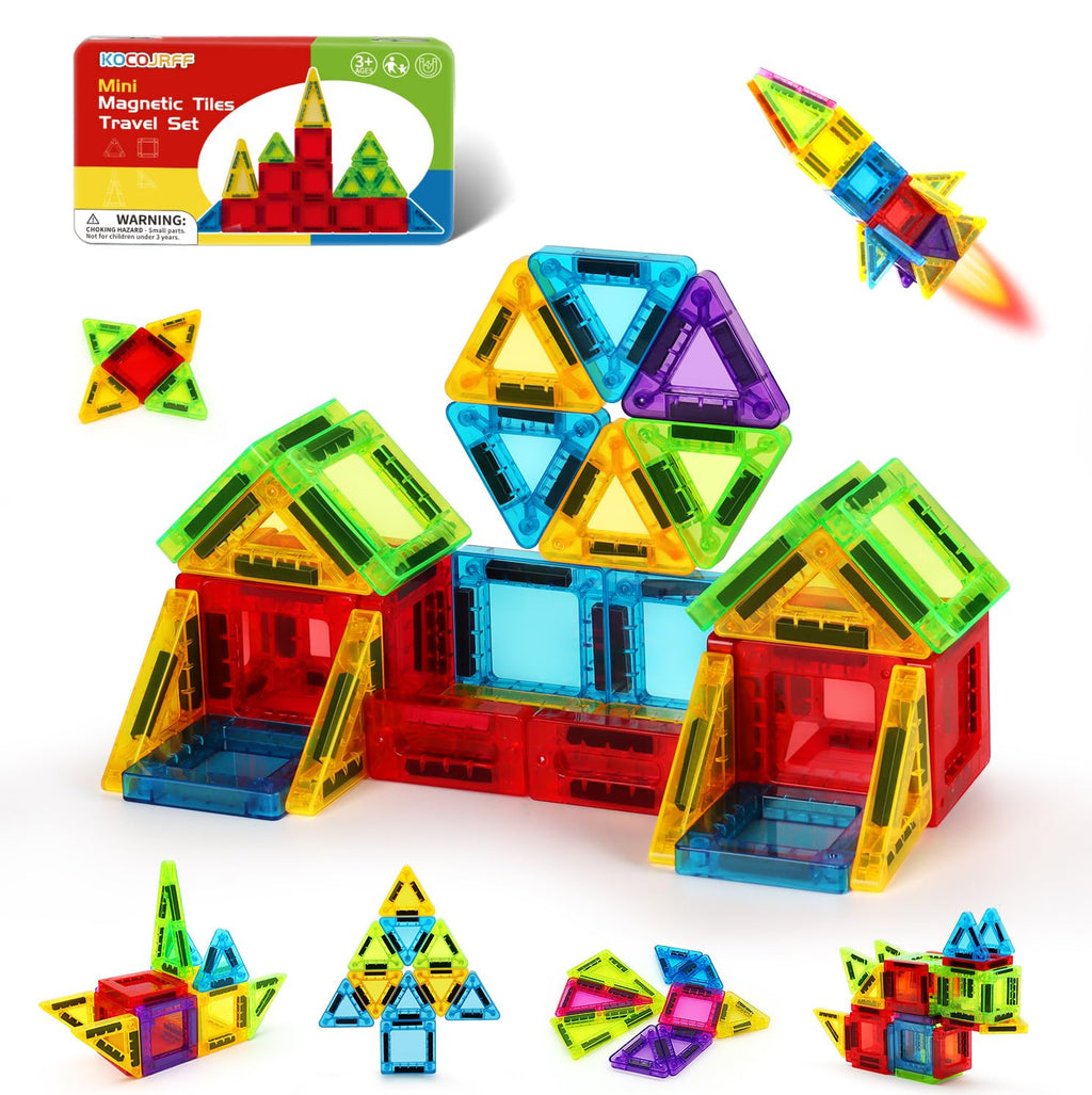 Mini Magnetic Tiles Travel Set – 56-Piece STEM Toy with Metal Storage Box, Gift for Kids Ages 3-12