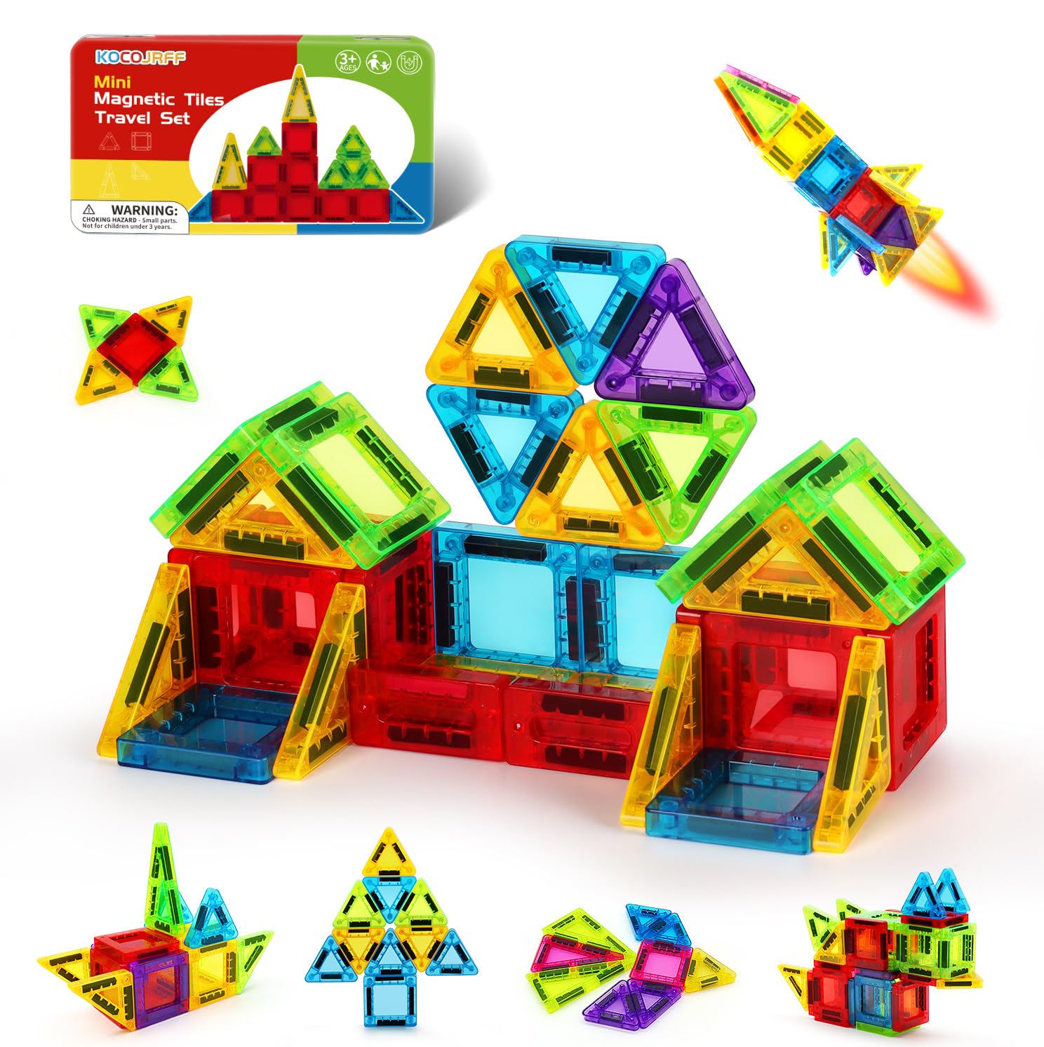 Mini Magnetic Tiles Travel Set – 56-Piece STEM Toy with Metal Storage Box, Gift for Kids Ages 3-12