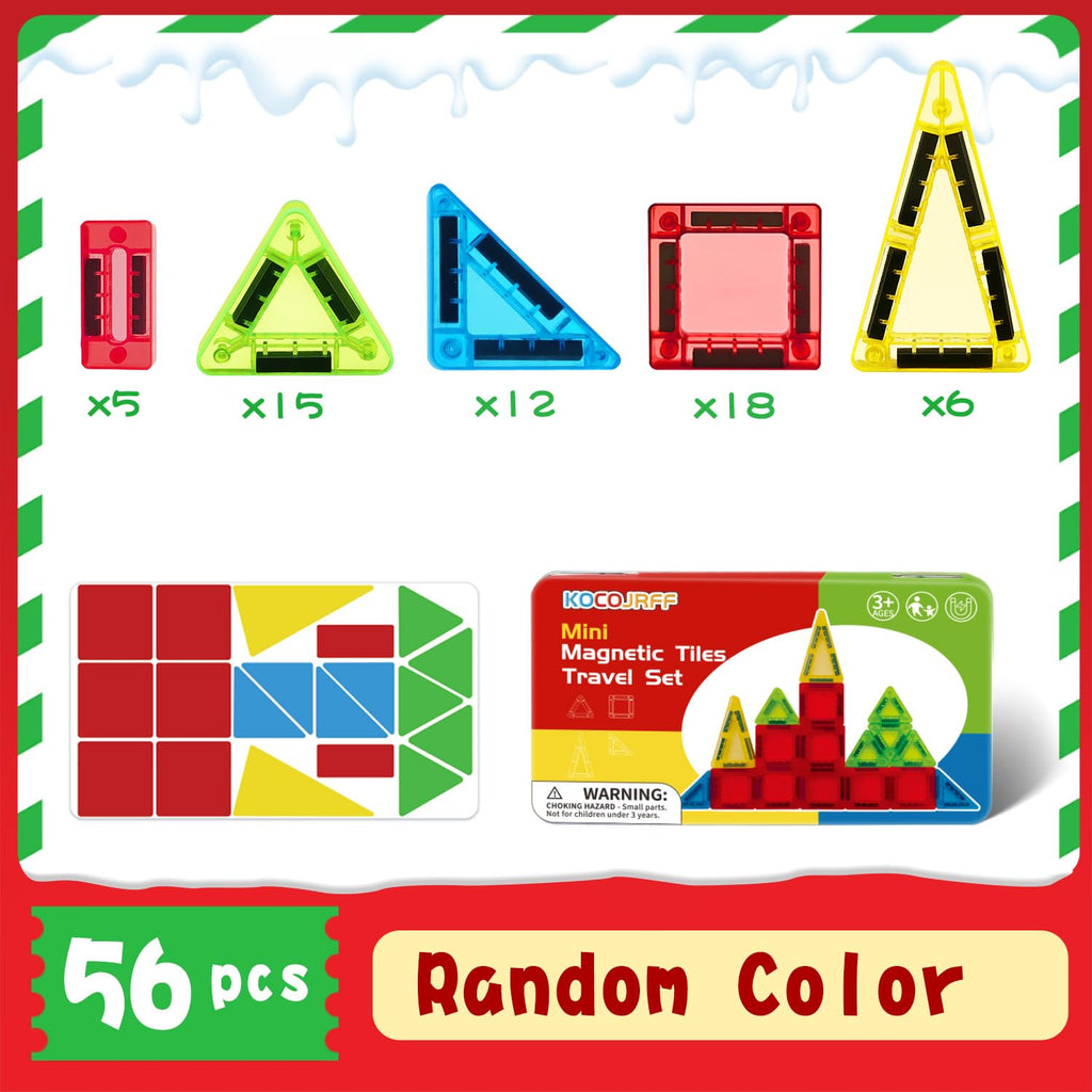 Mini Magnetic Tiles Travel Set – 56-Piece STEM Toy with Metal Storage Box, Gift for Kids Ages 3-12