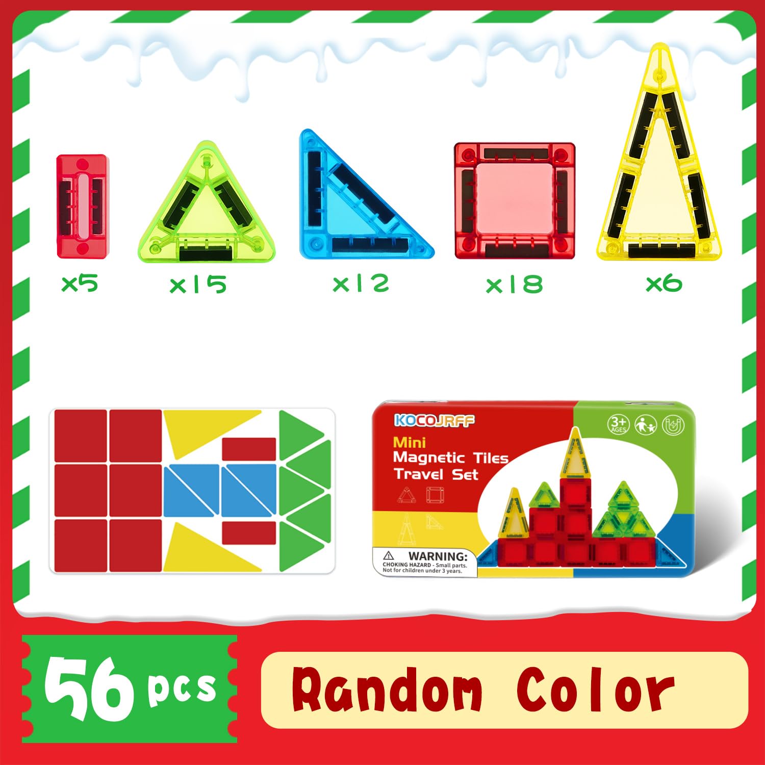 Mini Magnetic Tiles Travel Set – 56-Piece STEM Toy with Metal Storage Box, Gift for Kids Ages 3-12