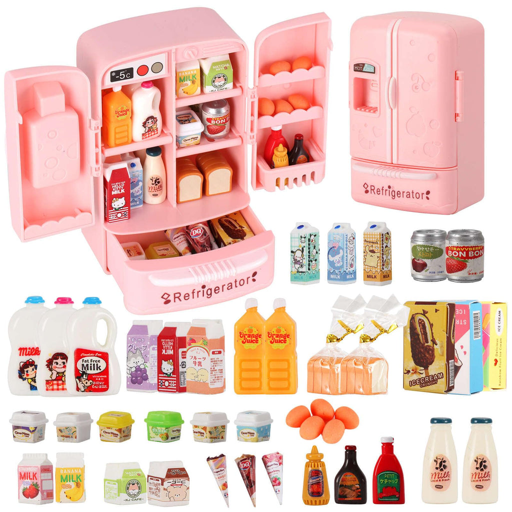 Mini Refrigerator Toy with 41+ Food Accessories – Realistic Dollhouse Kitchen Playset for Kids