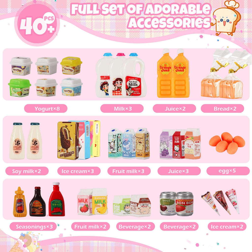 Mini Refrigerator Toy with 41+ Food Accessories – Realistic Dollhouse Kitchen Playset for Kids