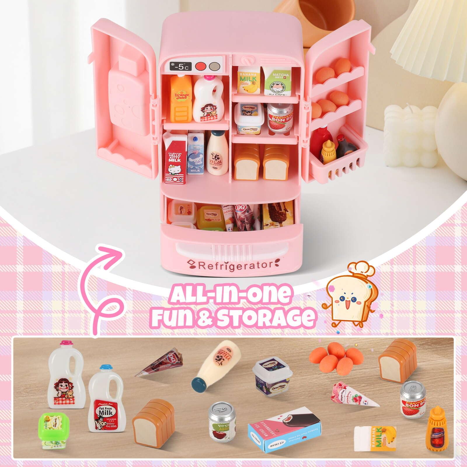 Mini Refrigerator Toy with 41+ Food Accessories – Realistic Dollhouse Kitchen Playset for Kids