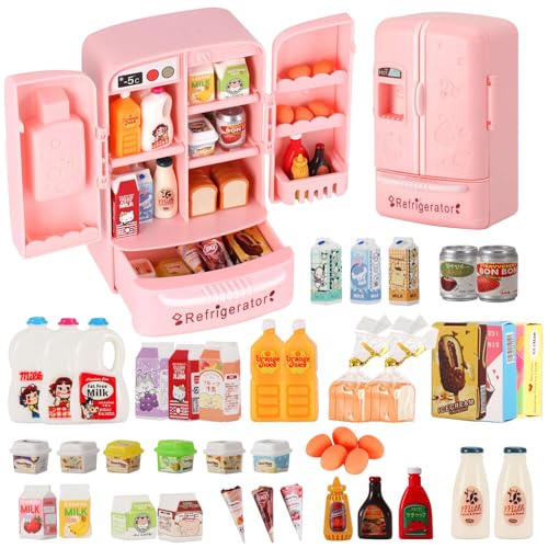 Mini Refrigerator Toy with 41+ Food Accessories – Realistic Dollhouse Kitchen Playset for Kids