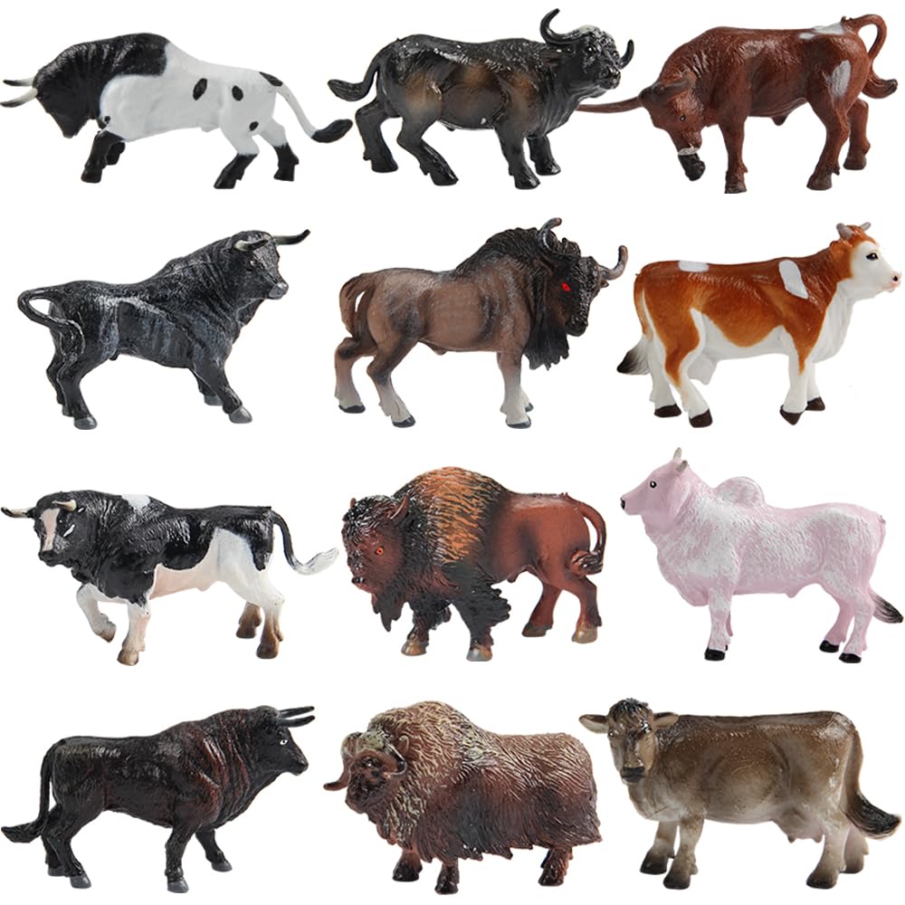 Mini Tudou 12-Piece Farm Animal Figurines Set - Hand-Painted Cow & Bull Toys for Kids Ages 3-5, Cake Toppers & Educational Playset