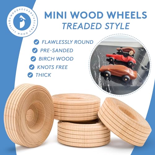 Mini Wood Wheels Treaded Style, 2 Inch Diameter, Pack of 12 for Crafts and DIY Model Cars by Woodpeckers