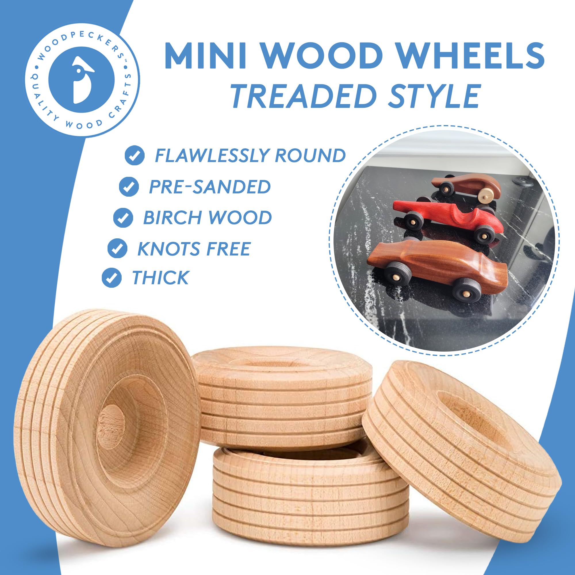 Mini Wood Wheels Treaded Style, 2 Inch Diameter, Pack of 12 for Crafts and DIY Model Cars by Woodpeckers