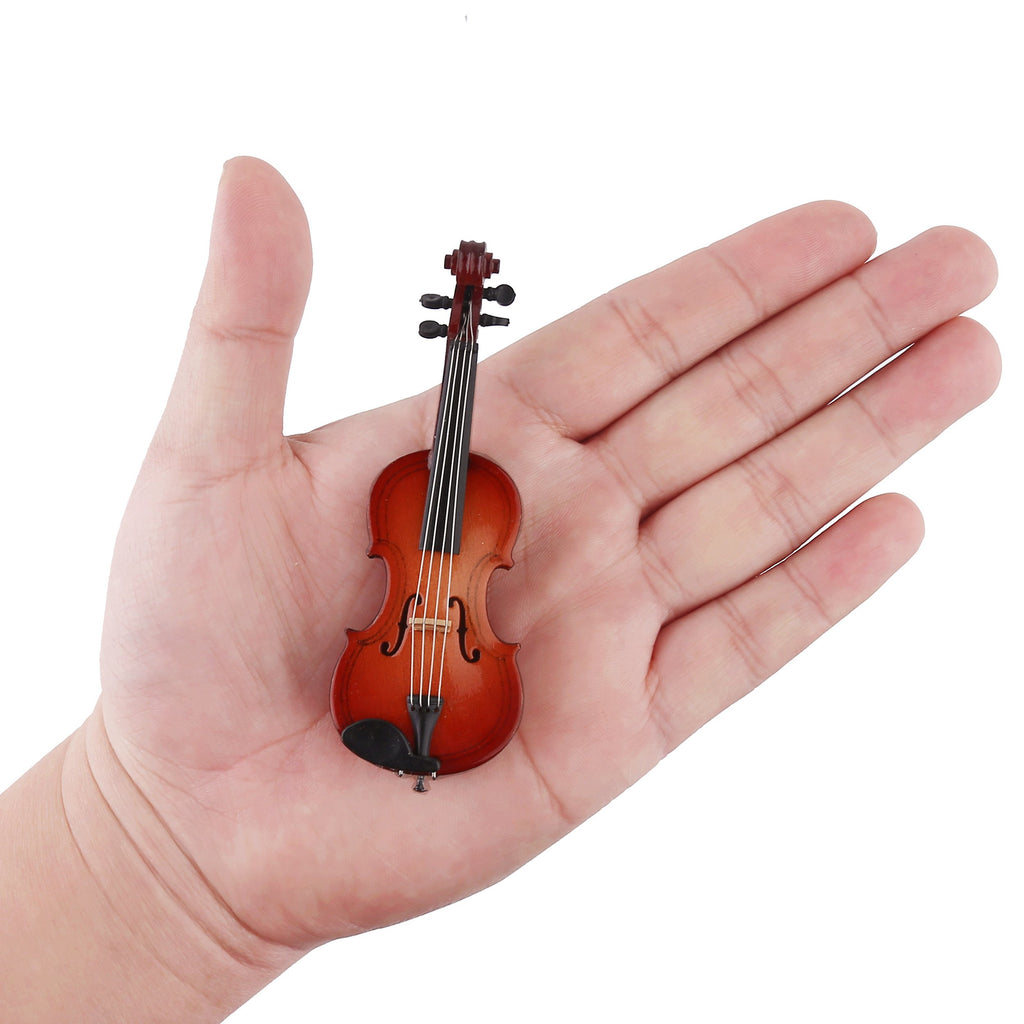 Mini Wooden Violin Replica with Stand, Bow, and Velvet Case – 10cm Decorative Collectible
