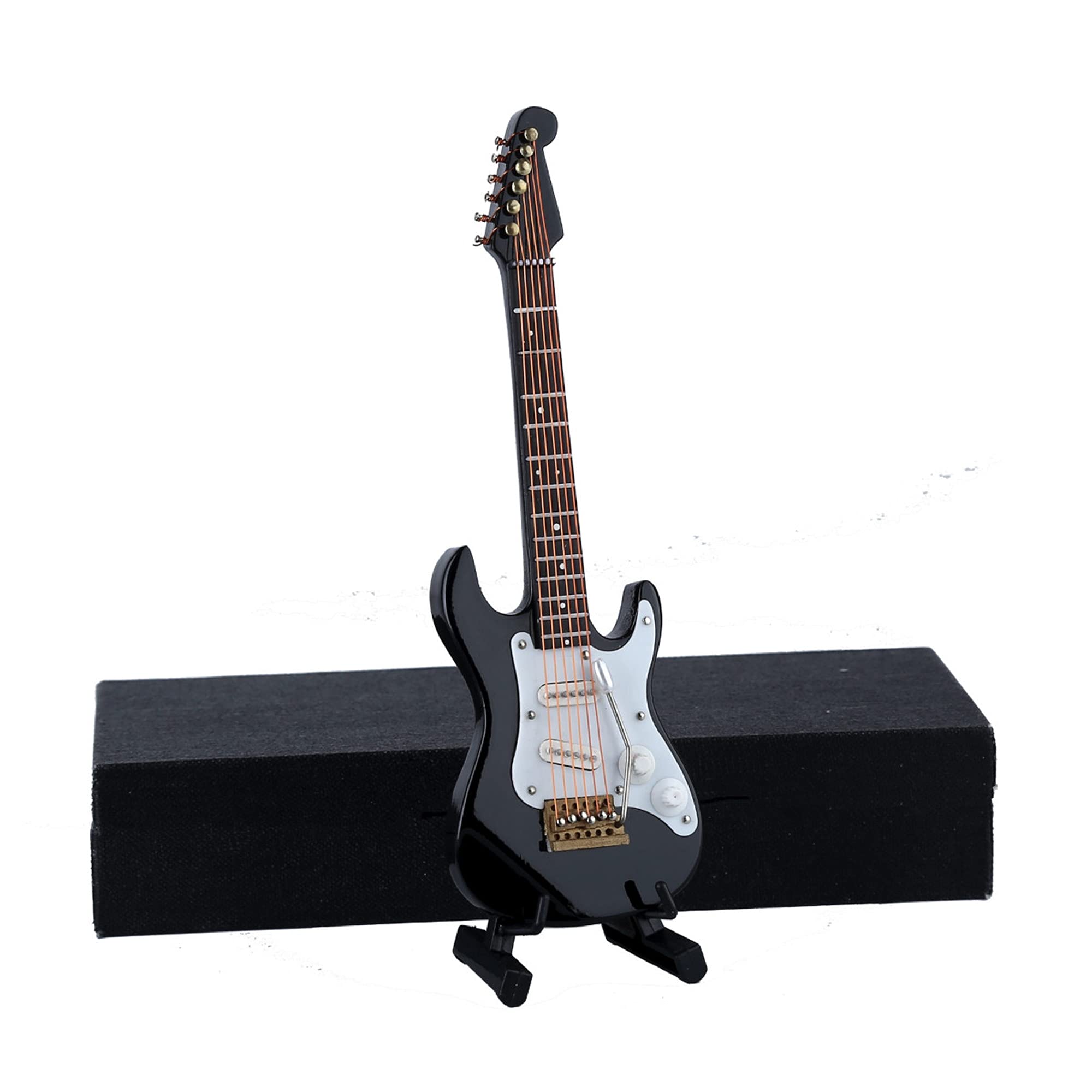 Miniature Electric Guitar Replica - Black, 5.49” Wooden Model with Stand and Case