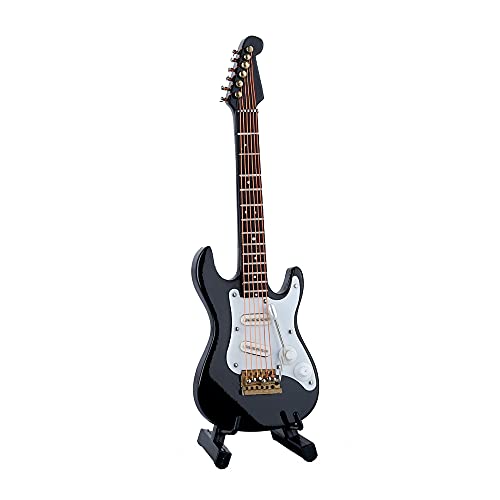 Miniature Electric Guitar Replica - Black, 5.49” Wooden Model with Stand and Case