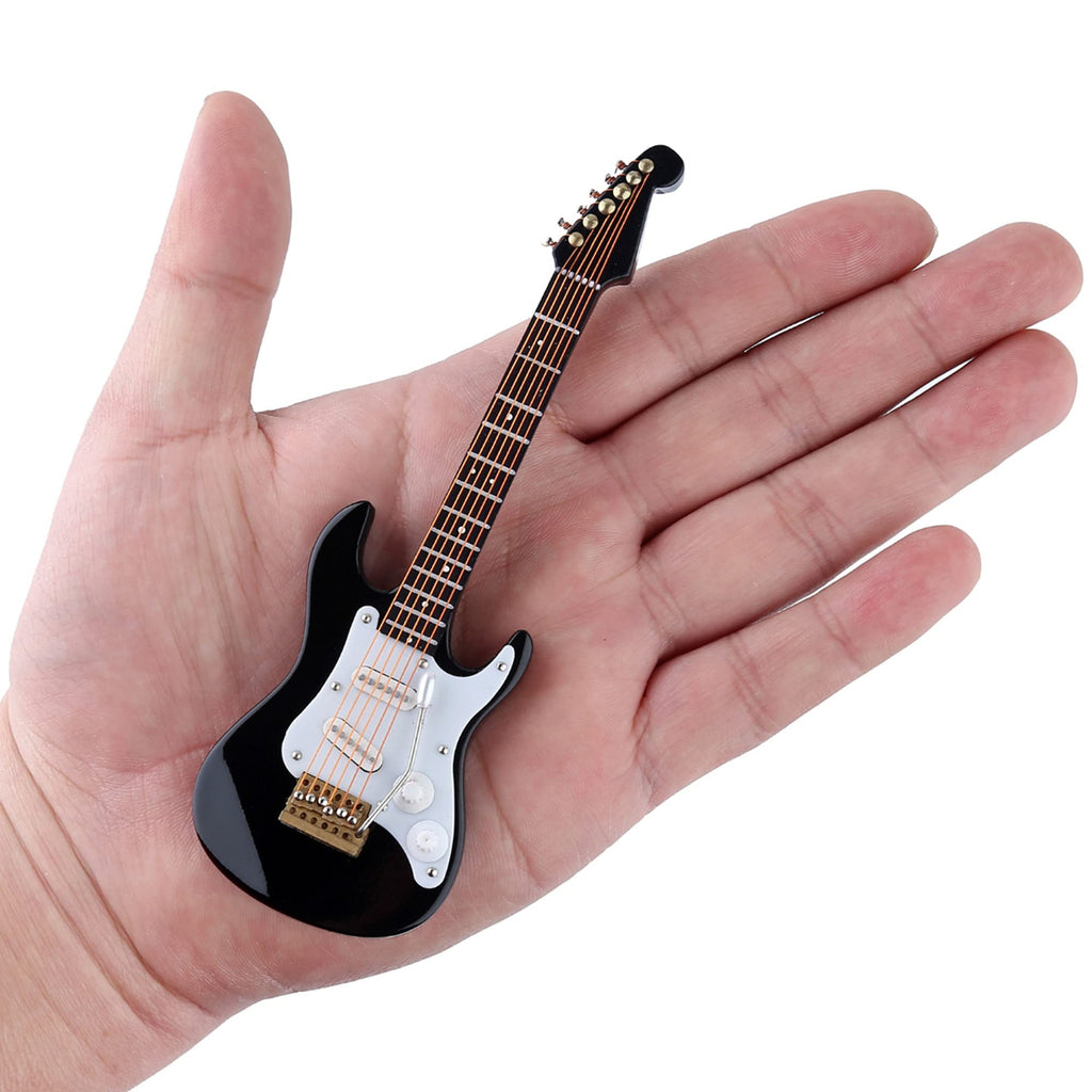 Miniature Electric Guitar Replica - Black, 5.49” Wooden Model with Stand and Case