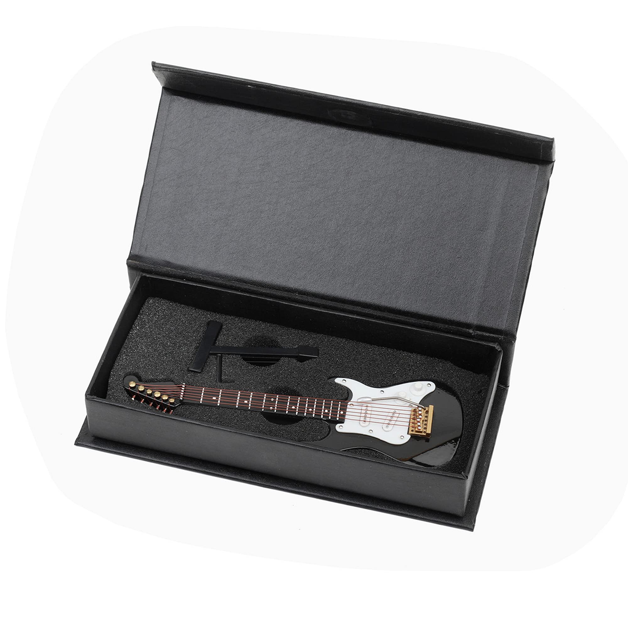 Miniature Electric Guitar Replica - Black, 5.49” Wooden Model with Stand and Case