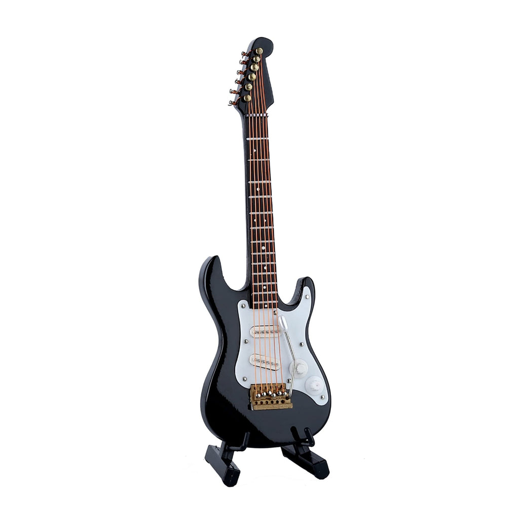 Miniature Electric Guitar Replica - Black, 5.49” Wooden Model with Stand and Case