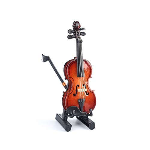 Miniature Wooden Violin Replica with Stand, Bow and Case - 3.15" Collectible Dollhouse Decoration (Dselvgvu)