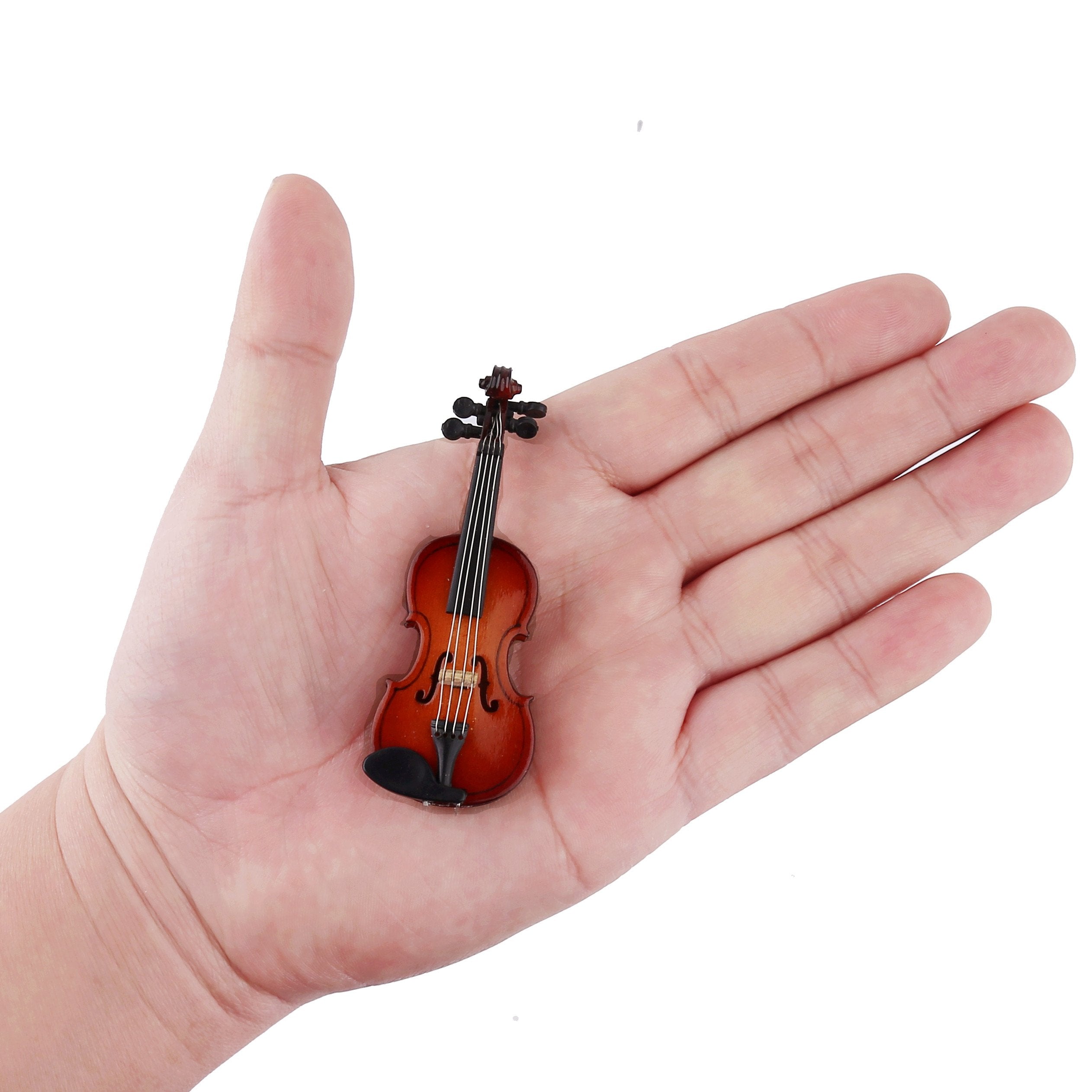 Miniature Wooden Violin Replica with Stand, Bow and Case - 3.15" Collectible Dollhouse Decoration (Dselvgvu)