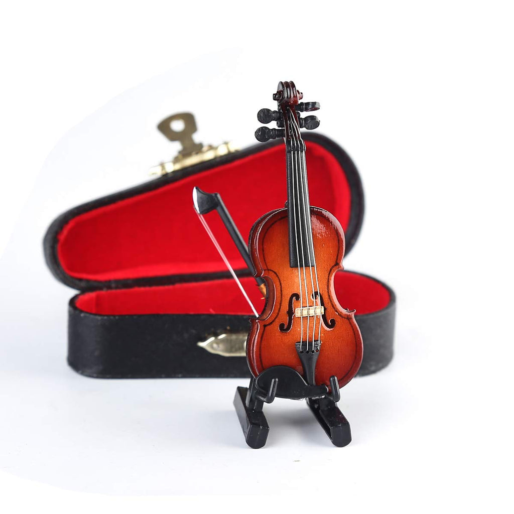 Miniature Wooden Violin Replica with Stand, Bow and Case - 3.15" Collectible Dollhouse Decoration (Dselvgvu)