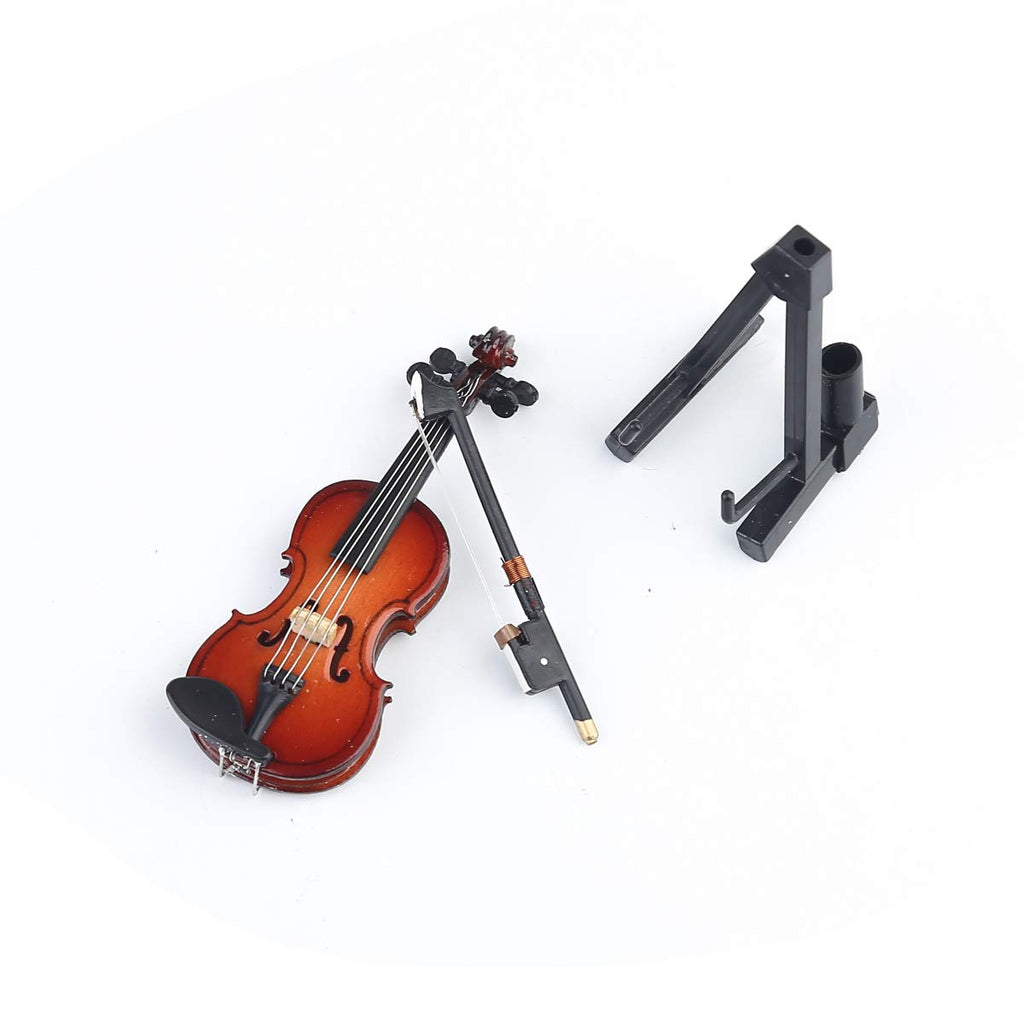 Miniature Wooden Violin Replica with Stand, Bow and Case - 3.15" Collectible Dollhouse Decoration (Dselvgvu)