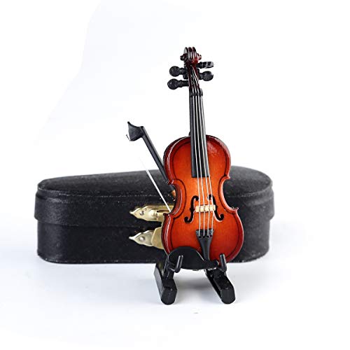 Miniature Wooden Violin Replica with Stand, Bow and Case - 3.15" Collectible Dollhouse Decoration (Dselvgvu)