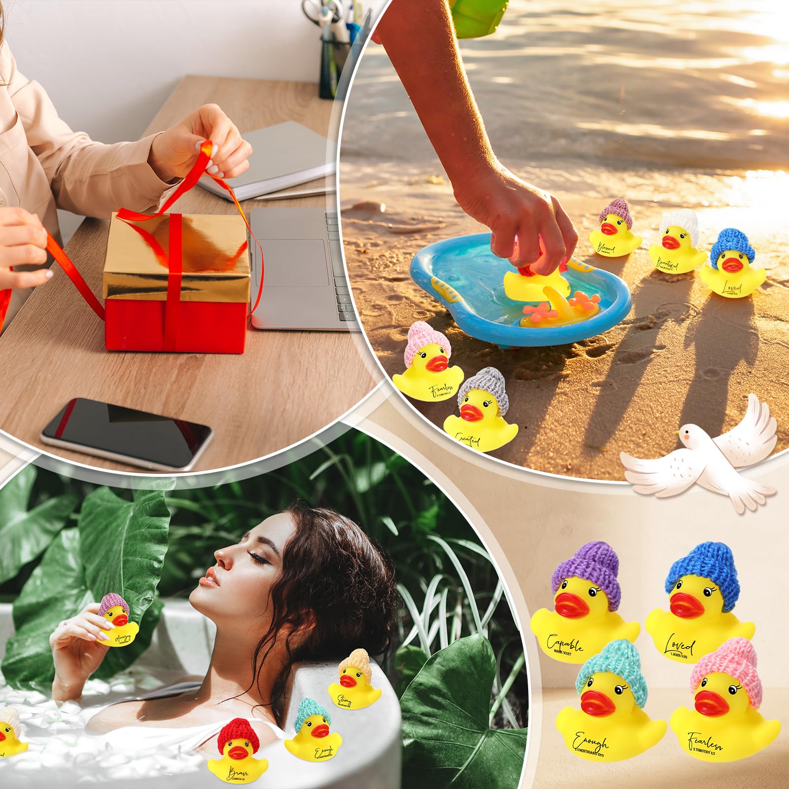 MiniInflat 12 Pack Christian Rubber Ducks with Bible Verses & Knit Hats – Yellow Mini Inspirational Duck Toys for Church Gifts, Party Favors, and More