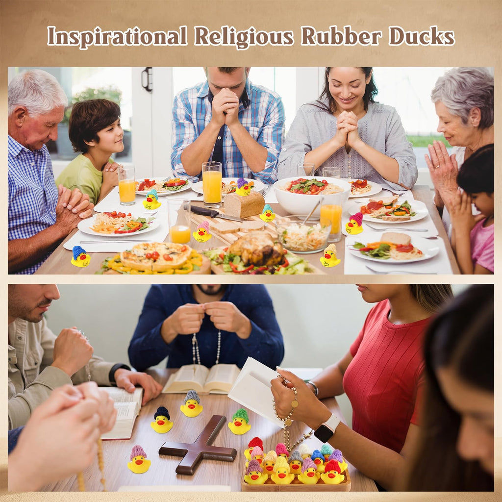 MiniInflat 12 Pack Christian Rubber Ducks with Bible Verses & Knit Hats – Yellow Mini Inspirational Duck Toys for Church Gifts, Party Favors, and More