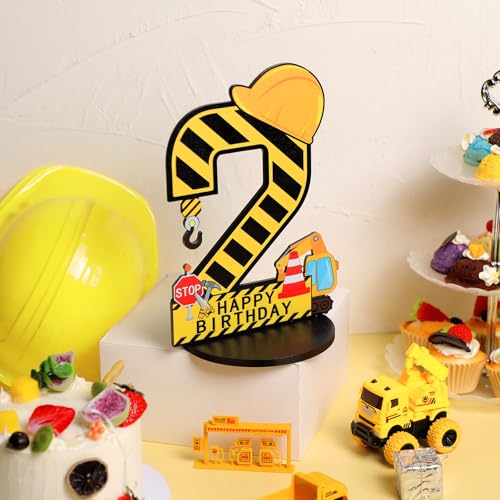 MiniInflat Construction 2nd Birthday Wooden Number Sign Centerpiece with Helmet and Excavator – Yellow