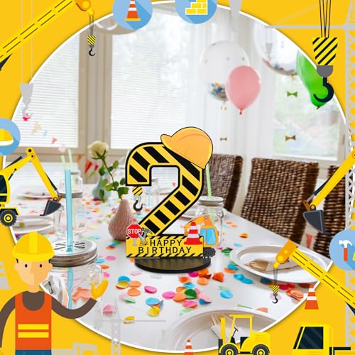 MiniInflat Construction 2nd Birthday Wooden Number Sign Centerpiece with Helmet and Excavator – Yellow