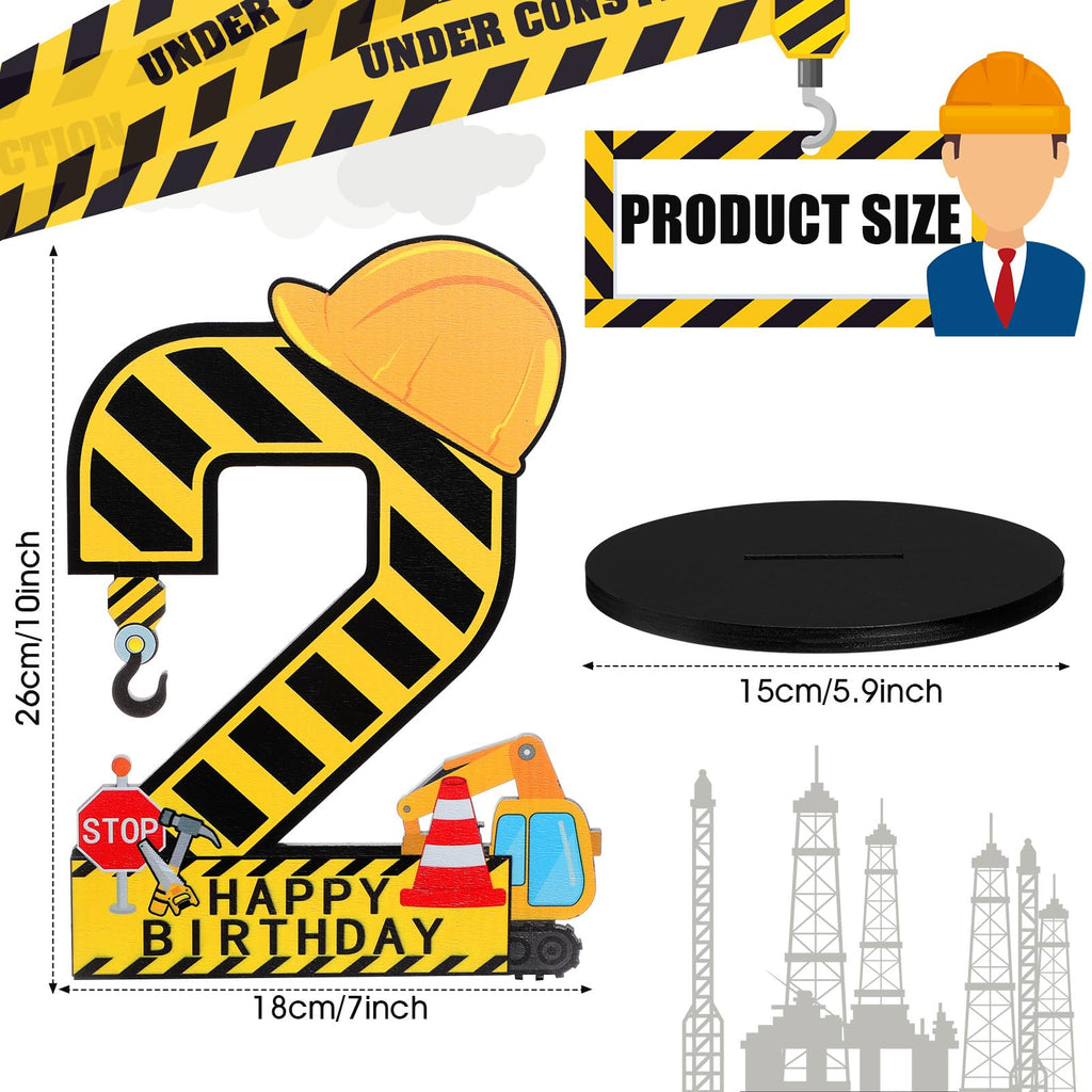 MiniInflat Construction 2nd Birthday Wooden Number Sign Centerpiece with Helmet and Excavator – Yellow