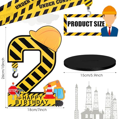 MiniInflat Construction 2nd Birthday Wooden Number Sign Centerpiece with Helmet and Excavator – Yellow