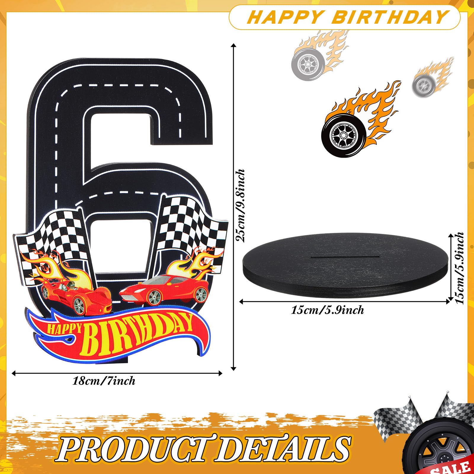 MiniInflat Wooden Race Car Number 6 Sign for 6th Birthday Party Table Decoration