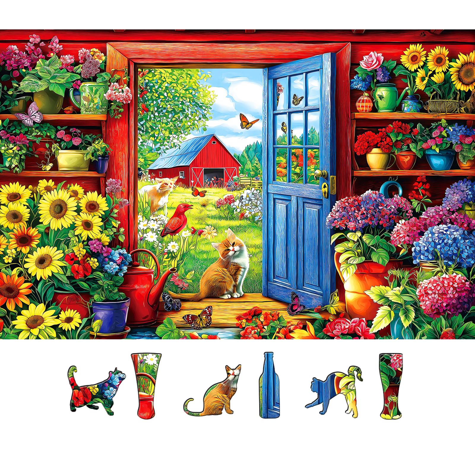 MINIWAN 500 Piece Garden Cat Farmhouse Jigsaw Puzzle – 23x15 Inches, with Poster & Lettered Back