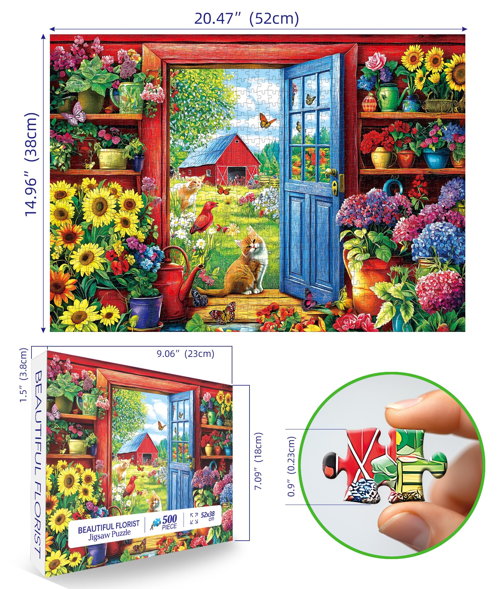 MINIWAN 500 Piece Garden Cat Farmhouse Jigsaw Puzzle – 23x15 Inches, with Poster & Lettered Back