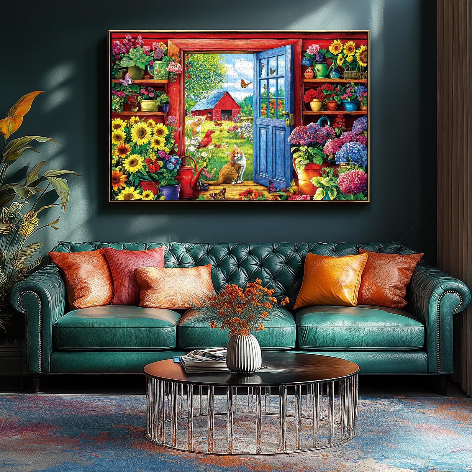 MINIWAN 500 Piece Garden Cat Farmhouse Jigsaw Puzzle – 23x15 Inches, with Poster & Lettered Back