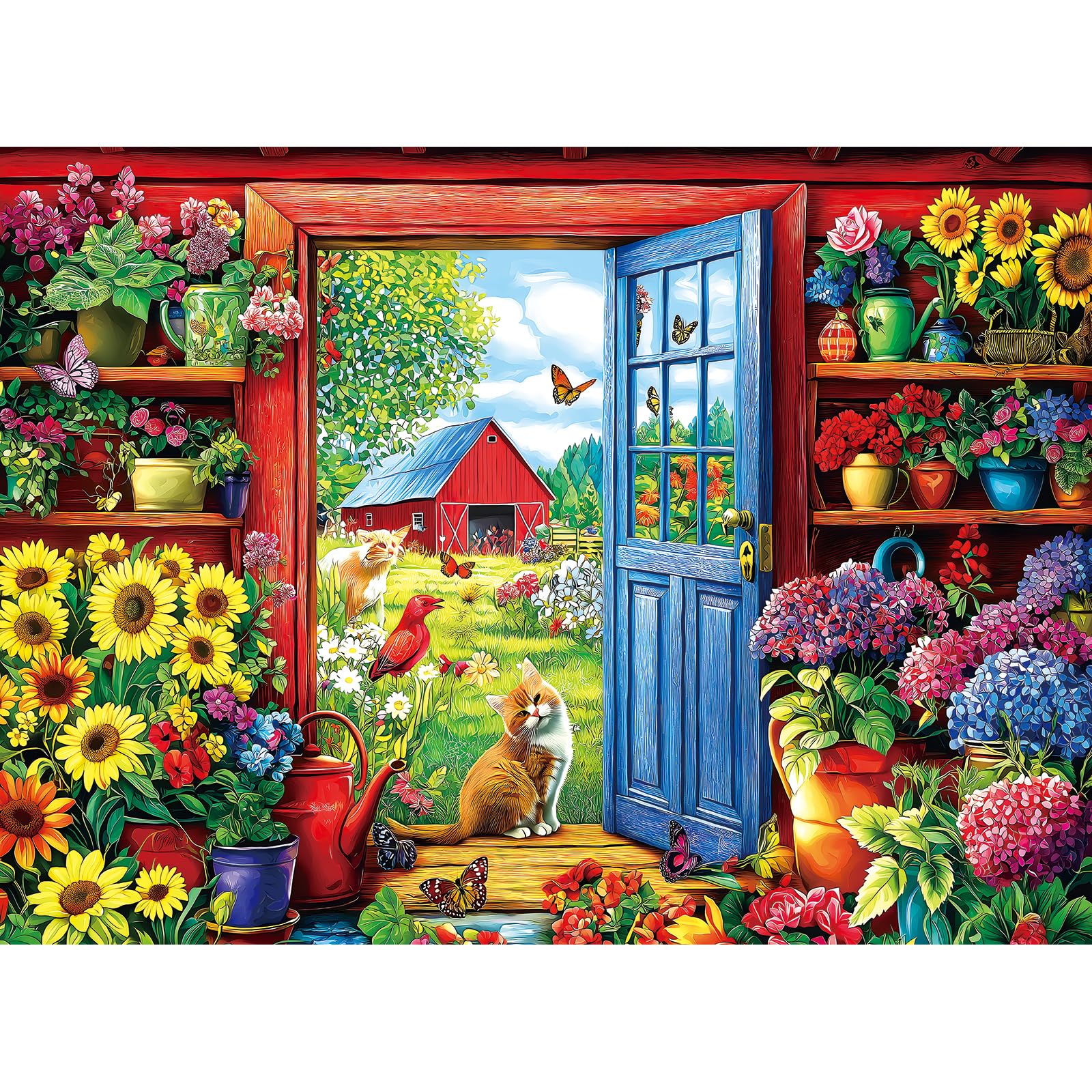MINIWAN 500 Piece Garden Cat Farmhouse Jigsaw Puzzle – 23x15 Inches, with Poster & Lettered Back