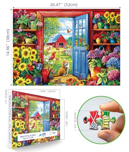 MINIWAN 500 Piece Garden Cat Farmhouse Jigsaw Puzzle – 23x15 Inches, with Poster & Lettered Back