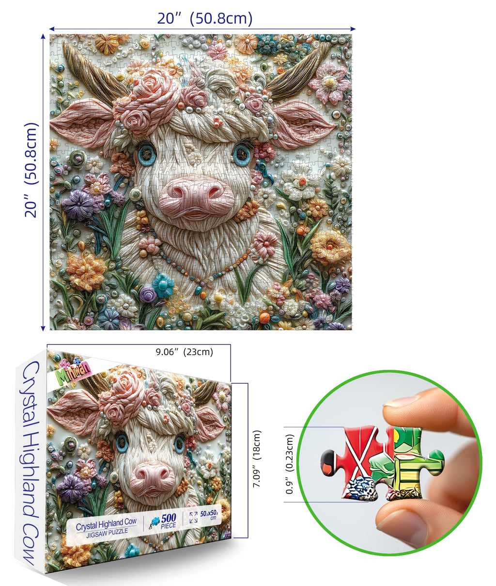 MINIWAN 500-Piece Highland Cow Jigsaw Puzzle – 3D Quilled Art, 20x20 Inch, with Letter Sorting System