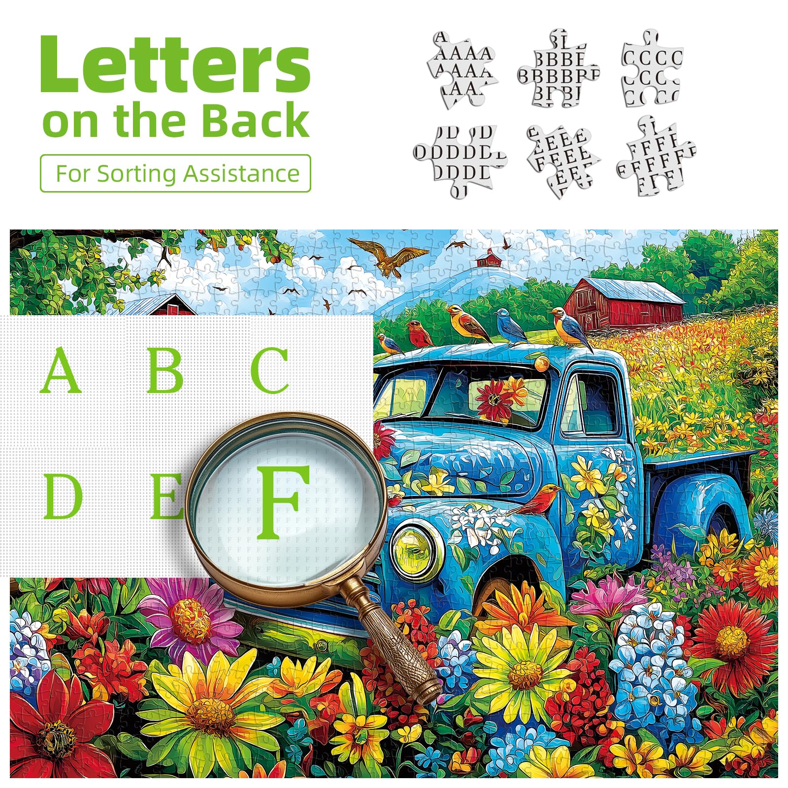 MINIWAN 500 Piece Jigsaw Puzzle - Vintage Blue Truck Flower Farm, 23"x15" with Letters on Back and Unique Shaped Pieces