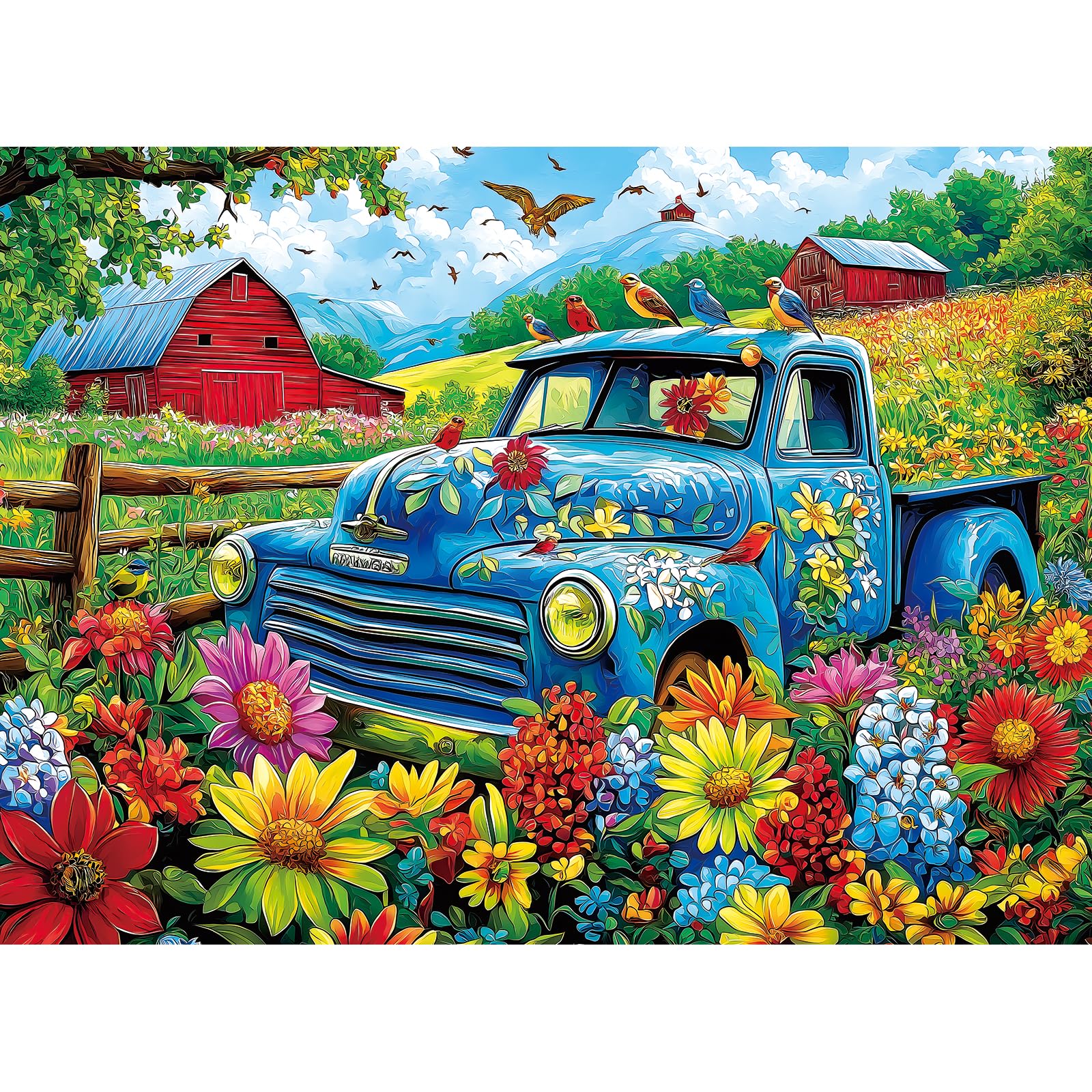 MINIWAN 500 Piece Jigsaw Puzzle - Vintage Blue Truck Flower Farm, 23"x15" with Letters on Back and Unique Shaped Pieces