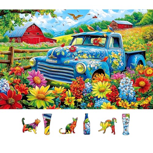 MINIWAN 500 Piece Jigsaw Puzzle - Vintage Blue Truck Flower Farm, 23"x15" with Letters on Back and Unique Shaped Pieces