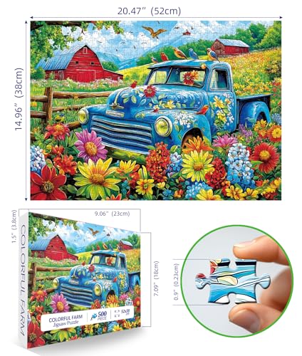 MINIWAN 500 Piece Jigsaw Puzzle - Vintage Blue Truck Flower Farm, 23"x15" with Letters on Back and Unique Shaped Pieces
